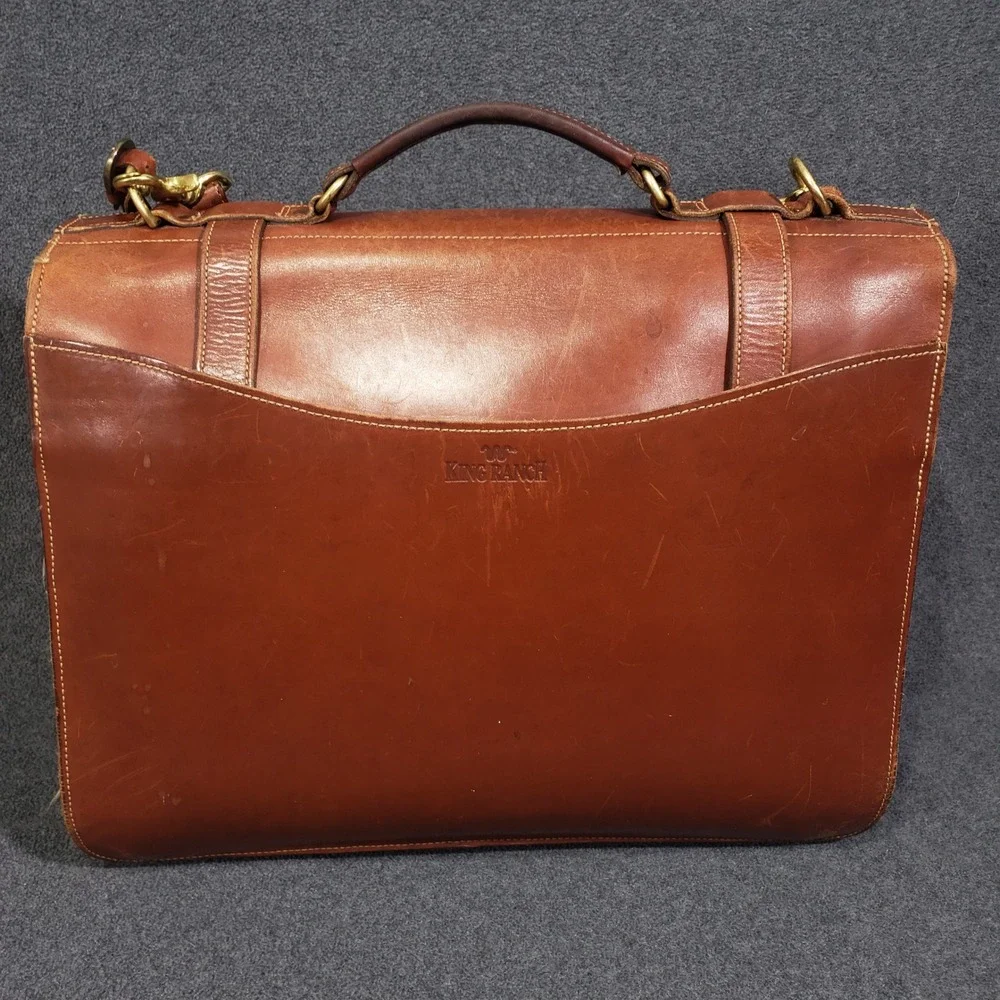 King‎ Ranch Leather Briefcase Mens Large Brown Messenger Bag Brass Running W